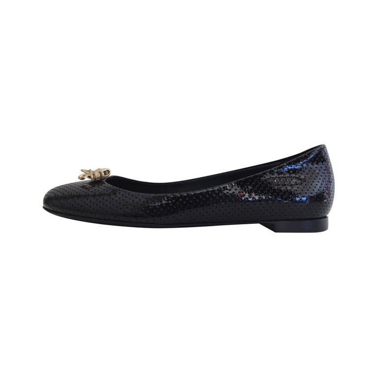 Chanel Black Patent Perforated Flats with Gold Bow