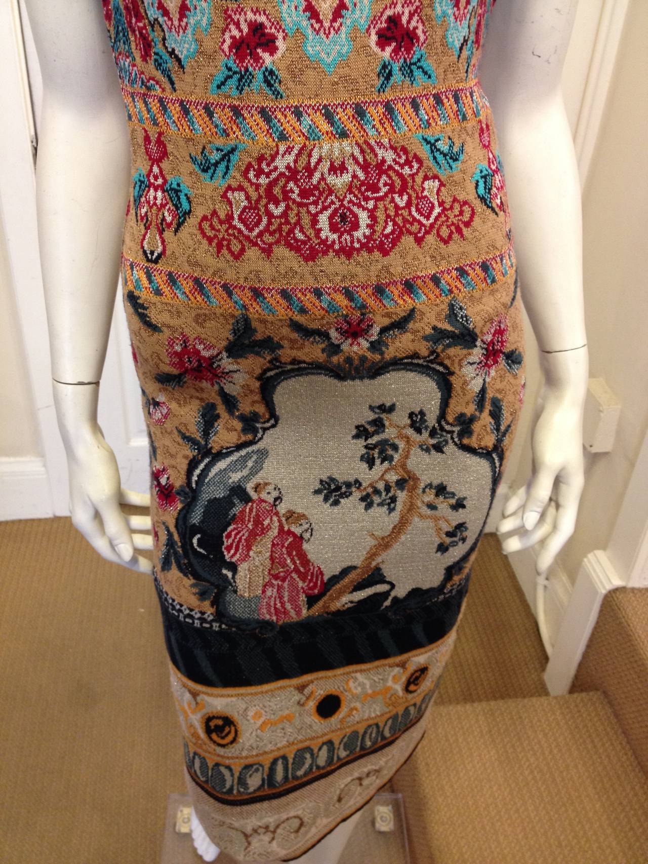 Mary Katrantzou Teal and Tan Knit Dress In Excellent Condition In San Francisco, CA