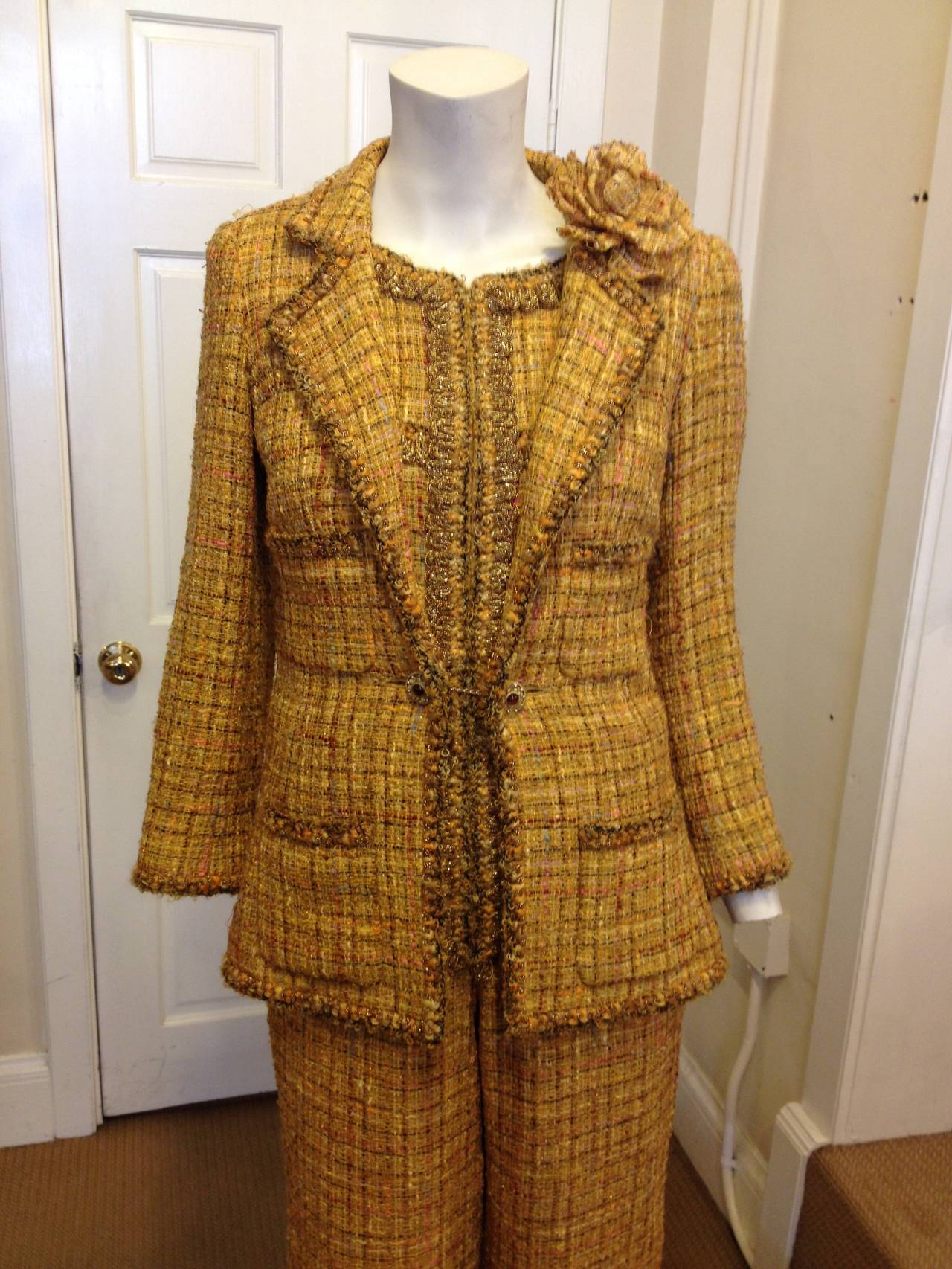 Chanel Mustard Yellow Tweed Jumpsuit and Jacket In Excellent Condition In San Francisco, CA