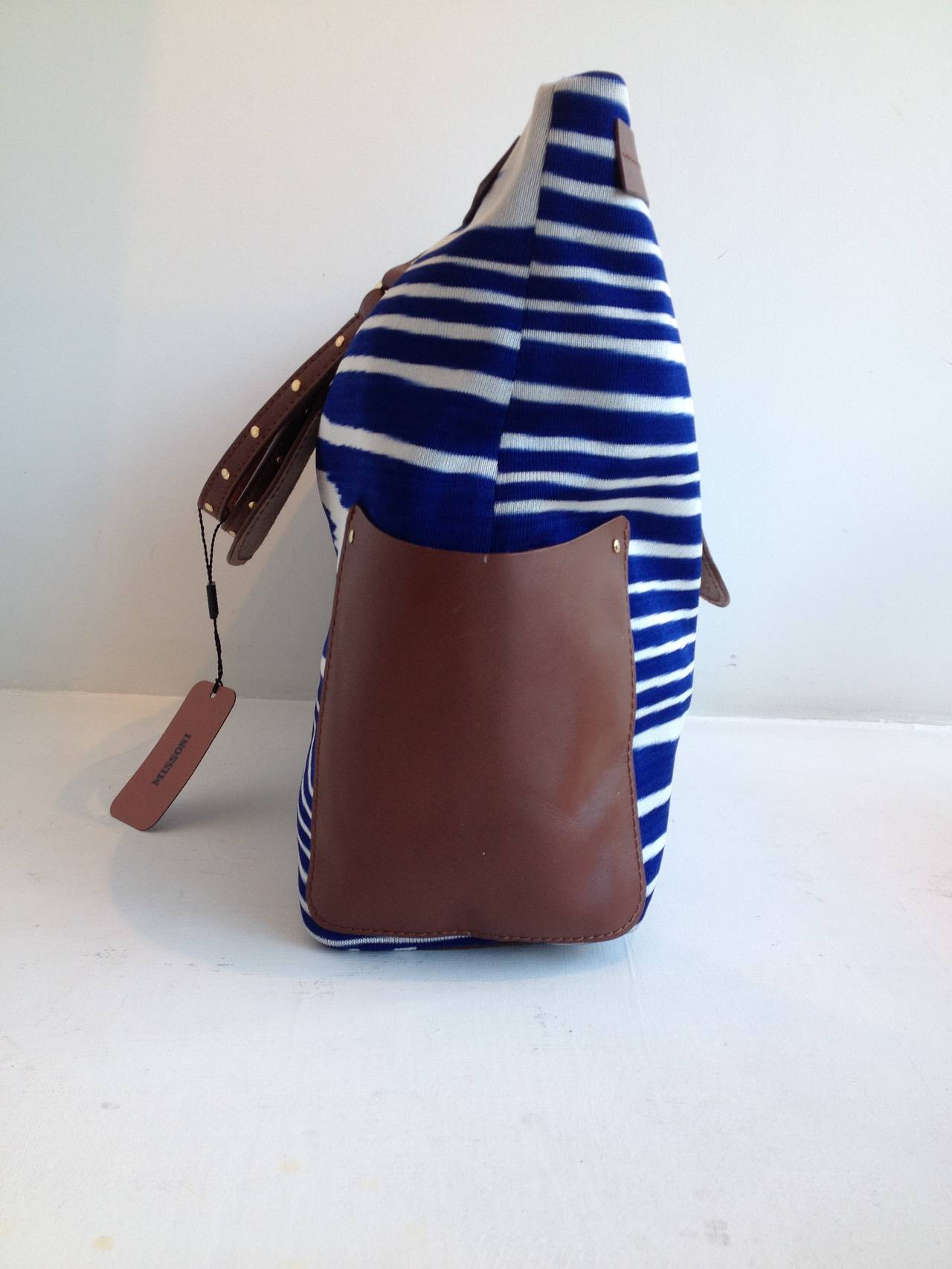 Missoni Blue and White Striped Tote with Leather Trim In New Condition In San Francisco, CA