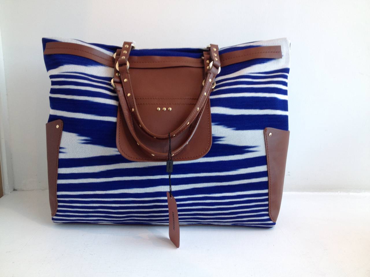 Women's Missoni Blue and White Striped Tote with Leather Trim