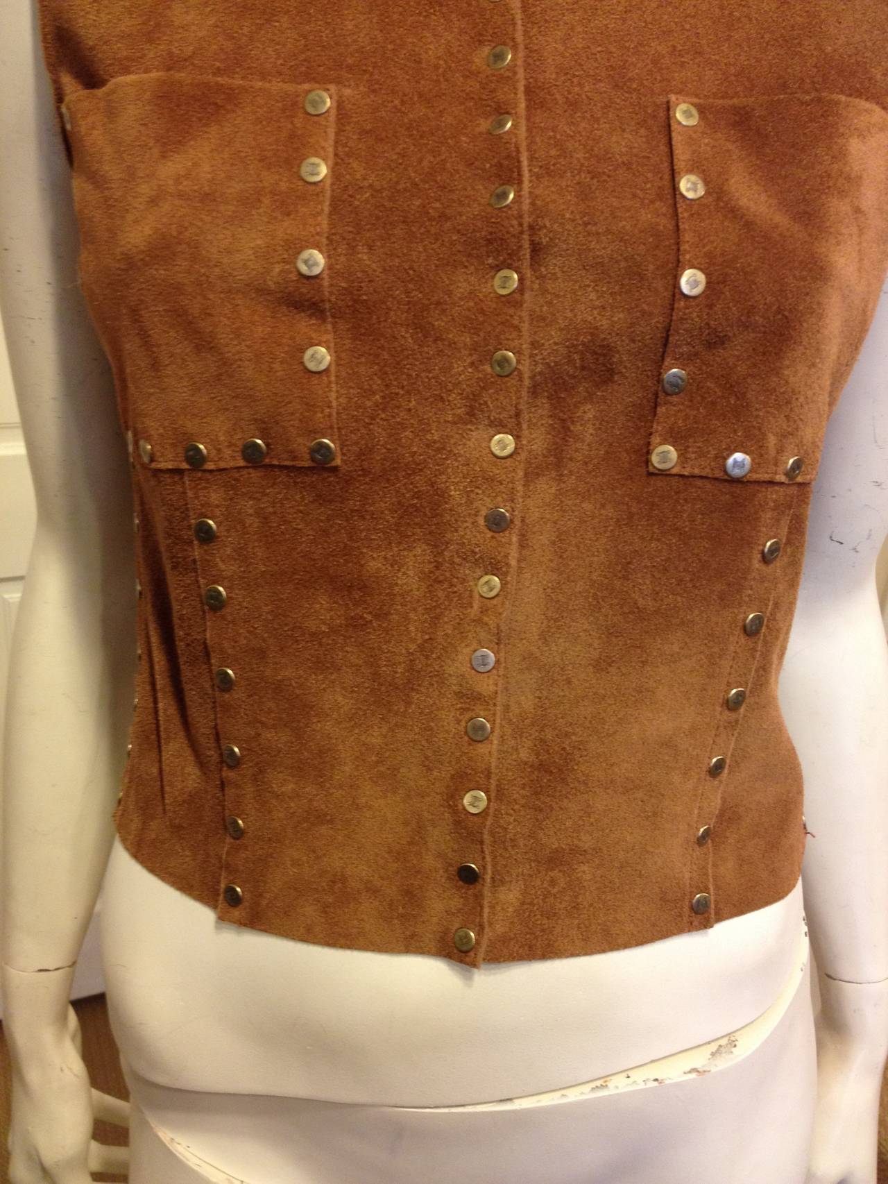 Celine Brown Suede Vest with Gold Studs In Excellent Condition In San Francisco, CA