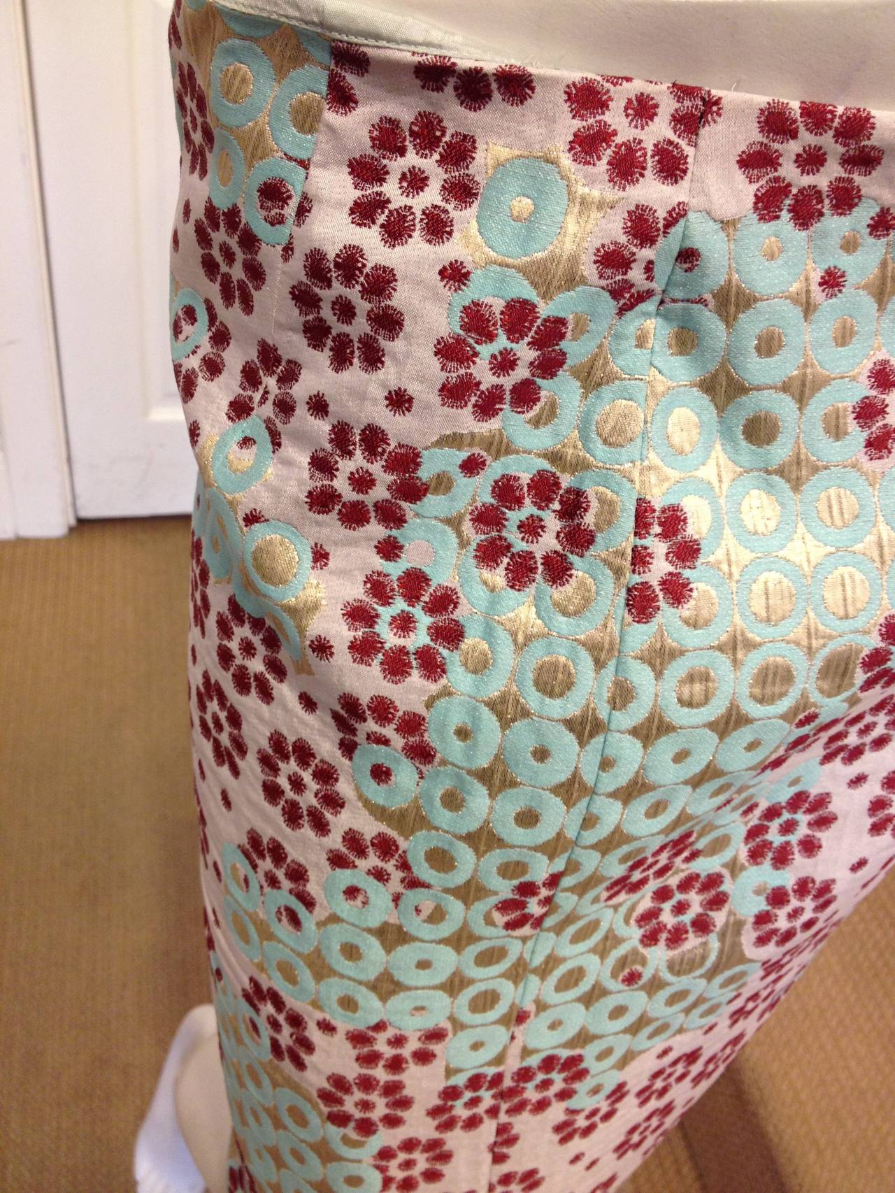 Christian Lacroix Aqua and Burgundy Floral Brocade Skirt In Excellent Condition In San Francisco, CA