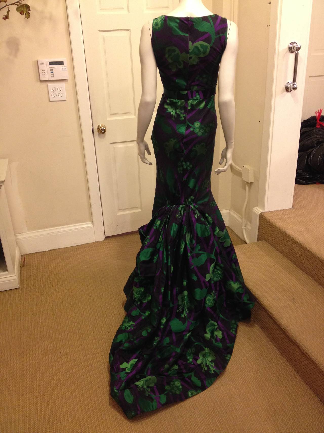 Oscar de la Renta Black Gown with Purple and Green Print In Excellent Condition In San Francisco, CA