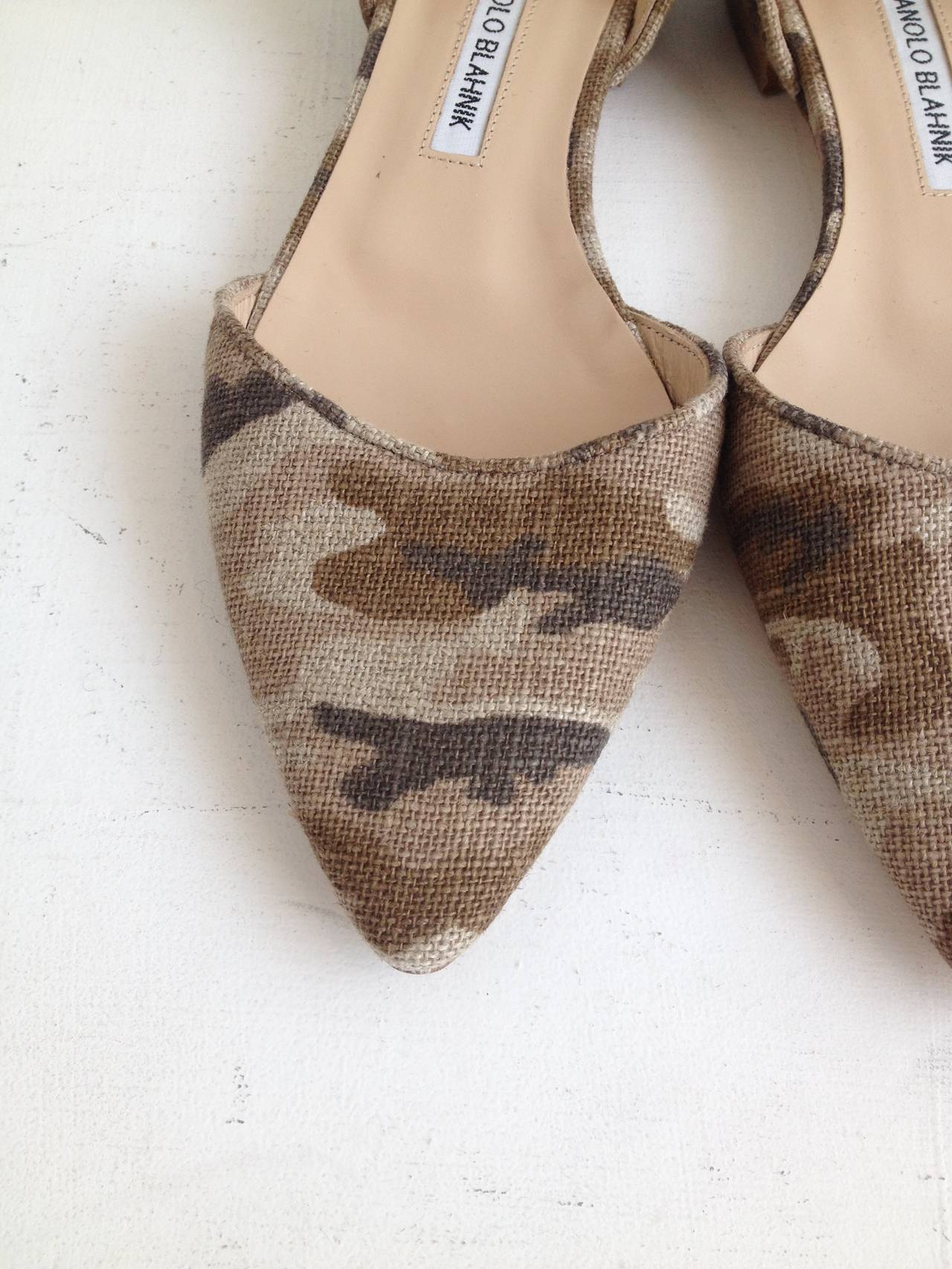 Manolo Blahnik Beige Camouflage Canvas d'Orsay Flats In New Condition In San Francisco, CA