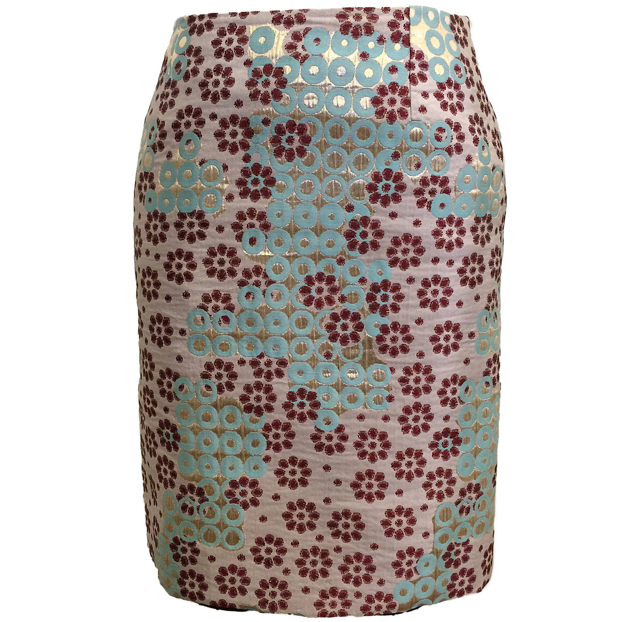 Christian Lacroix Aqua and Burgundy Floral Brocade Skirt