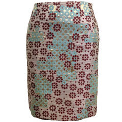 Christian Lacroix Aqua and Burgundy Floral Brocade Skirt