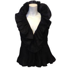 Oscar de la Renta Black Crimped Halter Top with Ruffles