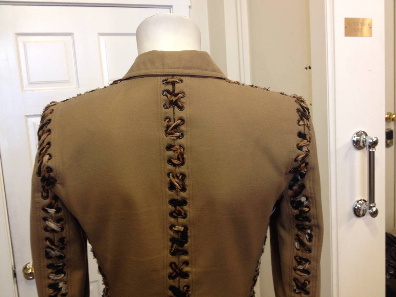 Yves Saint Laurent Khaki Jacket with Leopard Lacing In Excellent Condition In San Francisco, CA