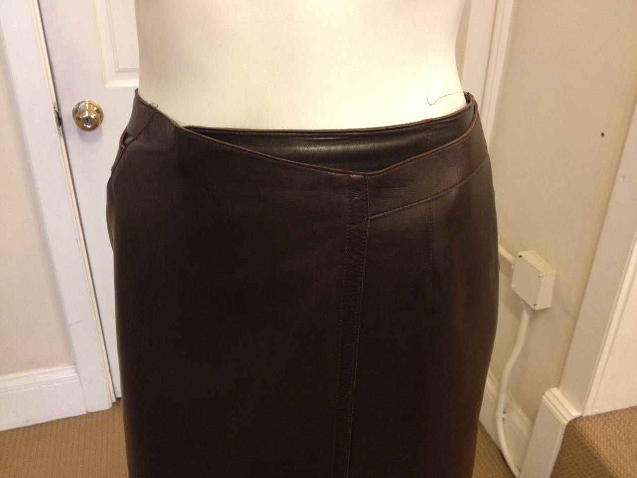 Chanel Brown Leather Wrap Skirt In Excellent Condition In San Francisco, CA