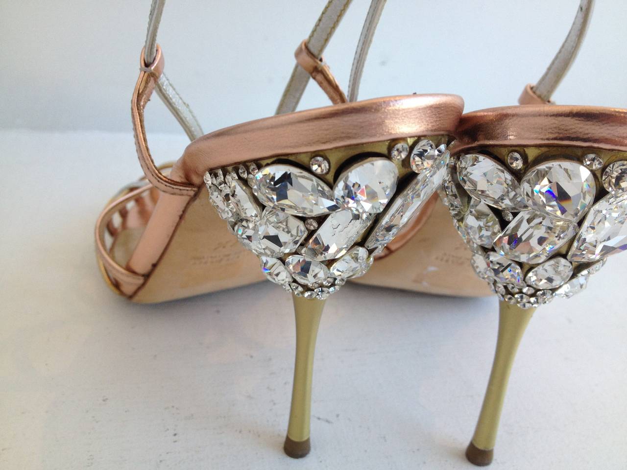 Brown Miu Miu Gold and Silver Strappy Heels with Rhinestones