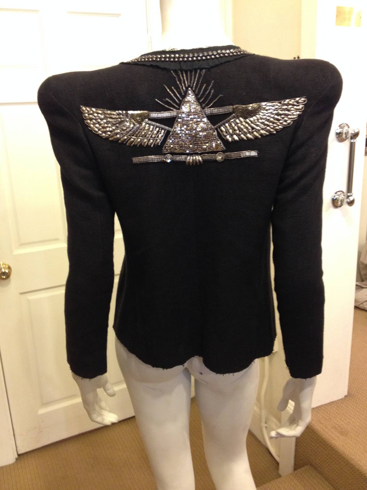Women's Balmain Black Tweed Jacket with Silver Winged Pyramid For Sale