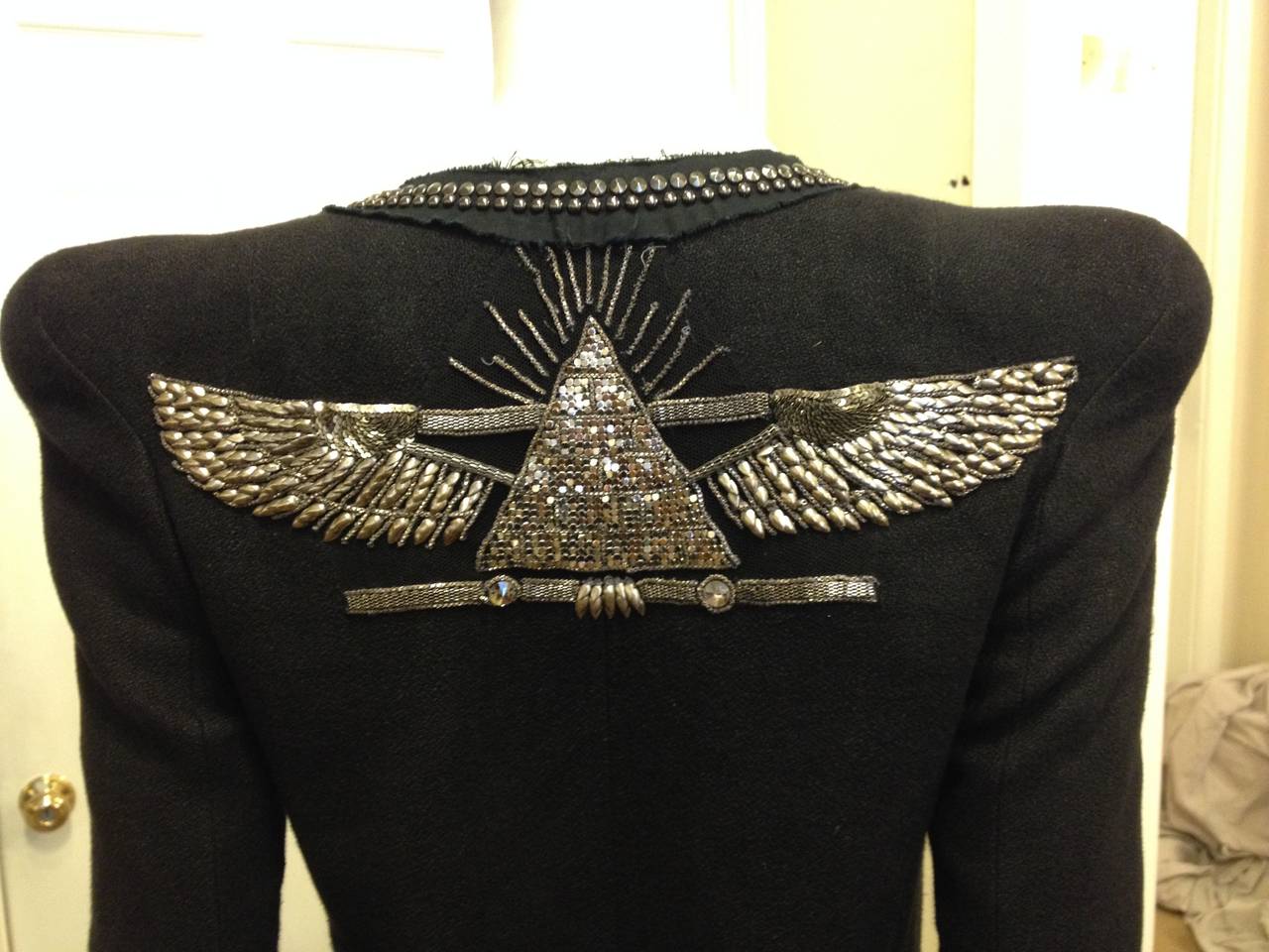 Balmain Black Tweed Jacket with Silver Winged Pyramid For Sale 1