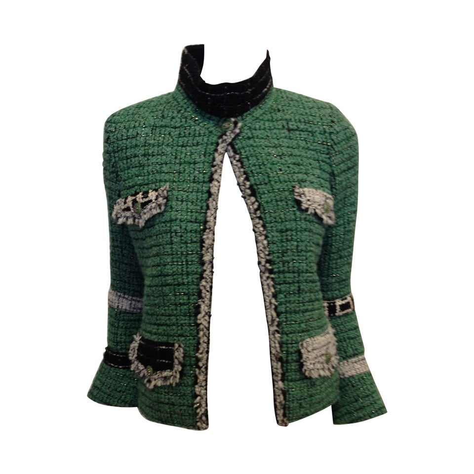 Chanel Light Green Tweed Jacket with Black and White Trim at 1stdibs
