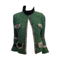 Chanel Light Green Tweed Jacket with Black and White Trim
