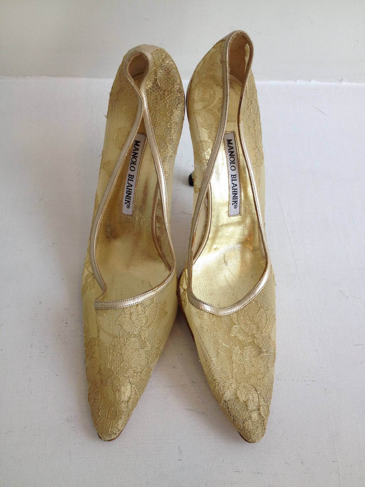 Brown Manolo Blahnik Gold Leather and Lace Heels