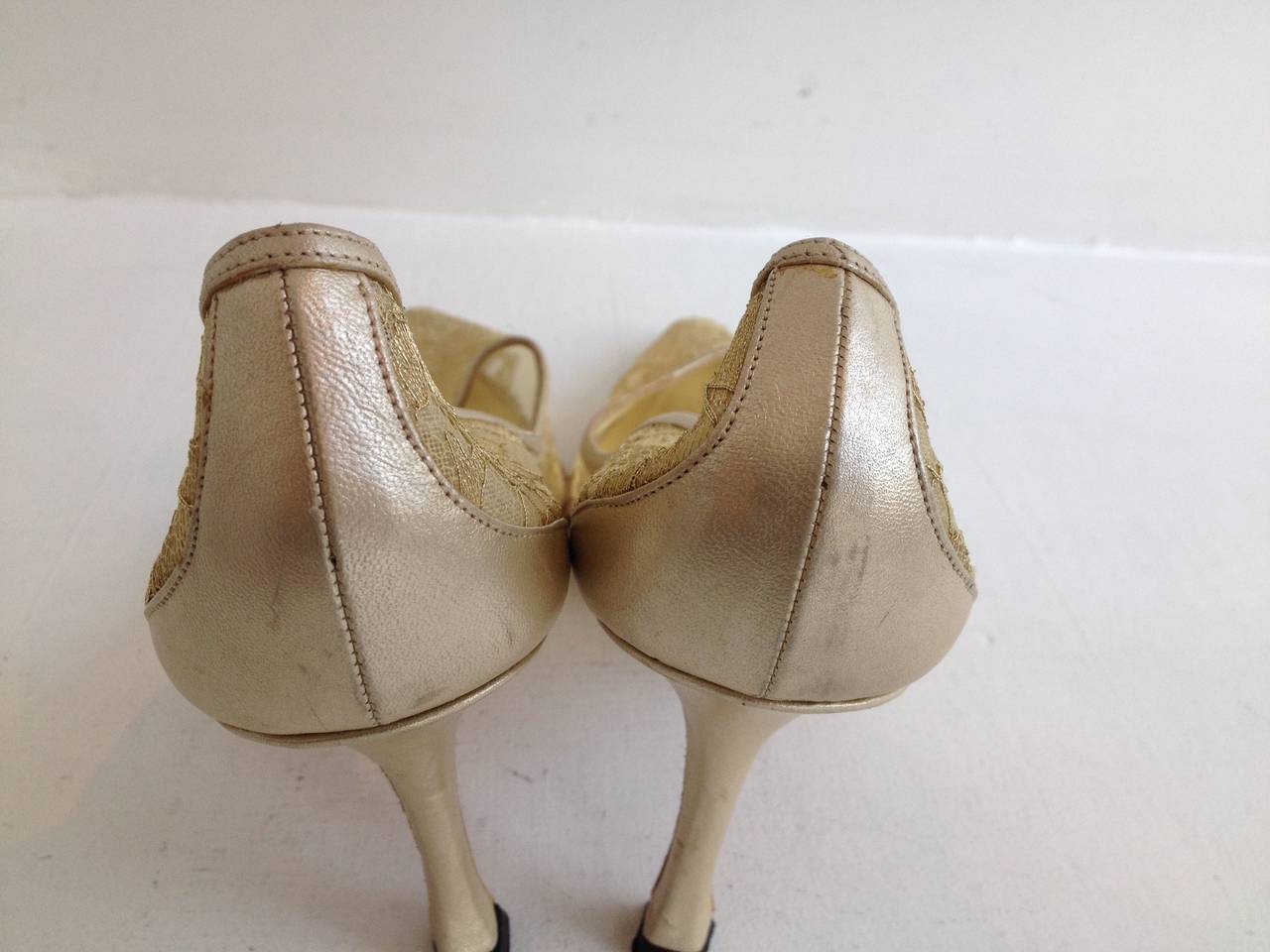 Women's Manolo Blahnik Gold Leather and Lace Heels