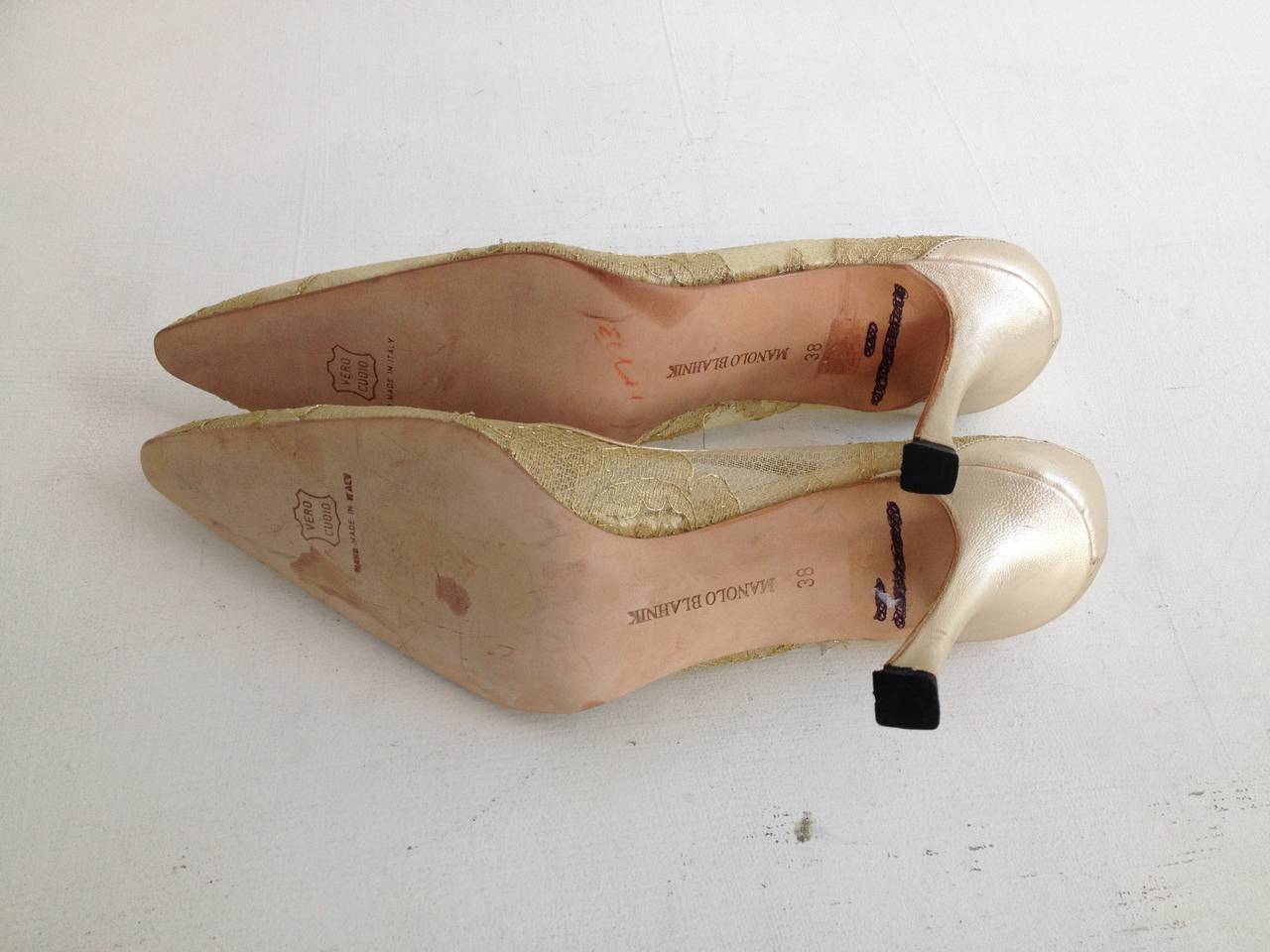 Manolo Blahnik Gold Leather and Lace Heels 1