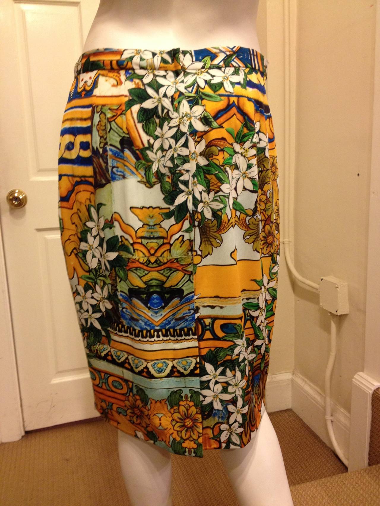 Women's Dolce & Gabbana Green and Yellow Floral Silk Skirt