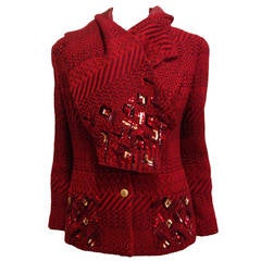 Chanel Red Tweed Embellished Jacket with Matching Scarf