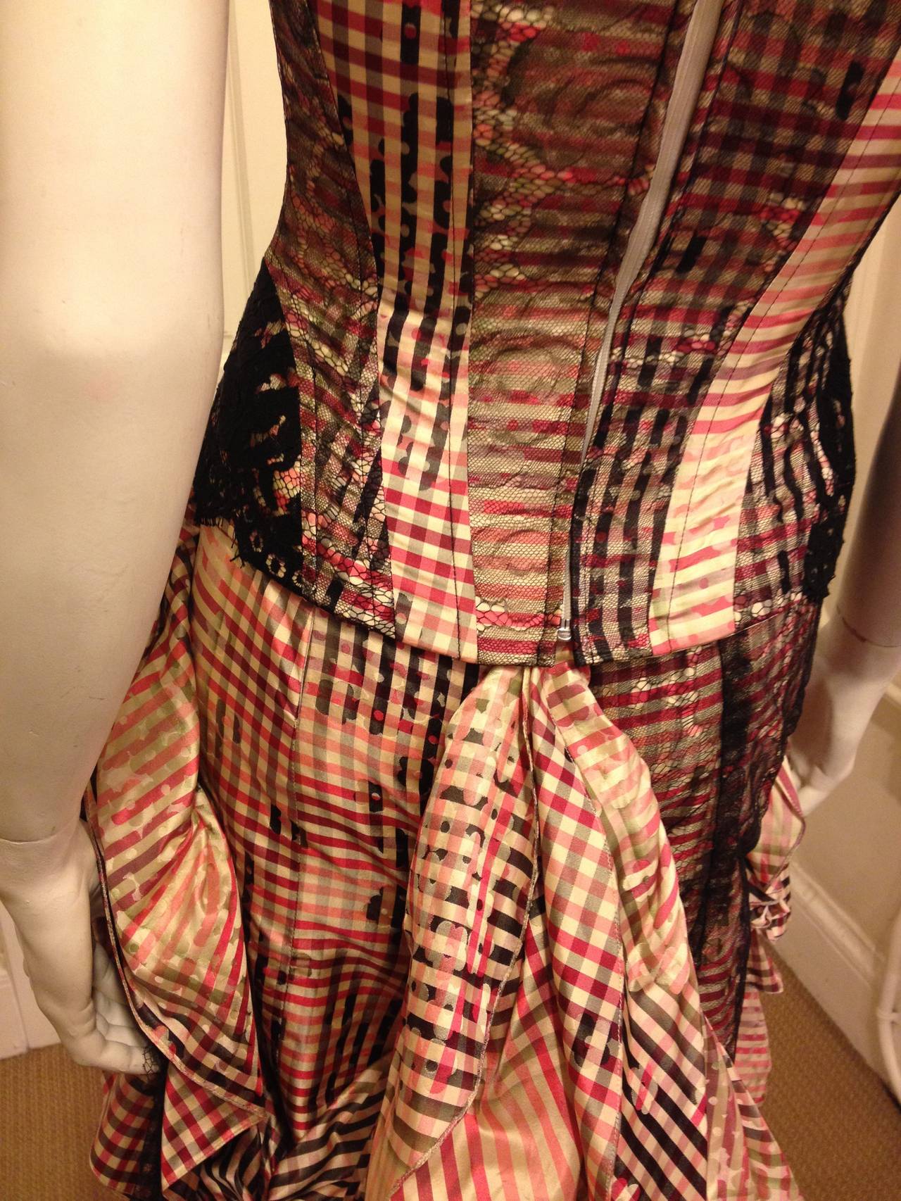 Christian Lacroix Pink and Black Plaid Corset and Long Skirt In Excellent Condition In San Francisco, CA