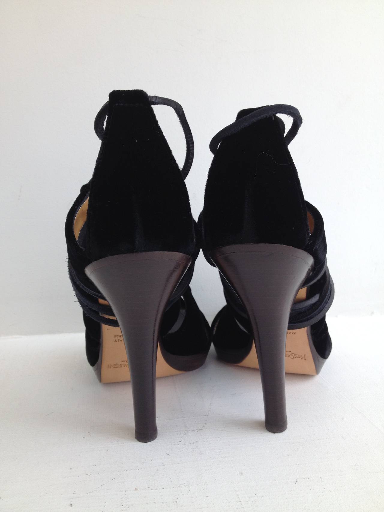 Yves Saint Laurent Black Velvet Laceup Heels In New Condition In San Francisco, CA