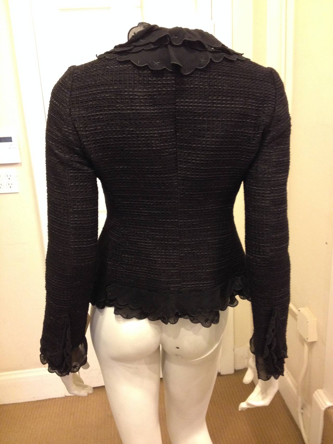 Women's Moschino Black Tweed Jacket with Scalloped Chiffon Collar