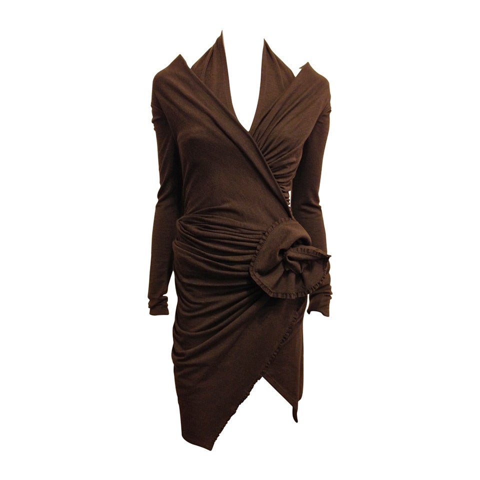 Donna Karan Brown Knit Wrap Dress with Flower