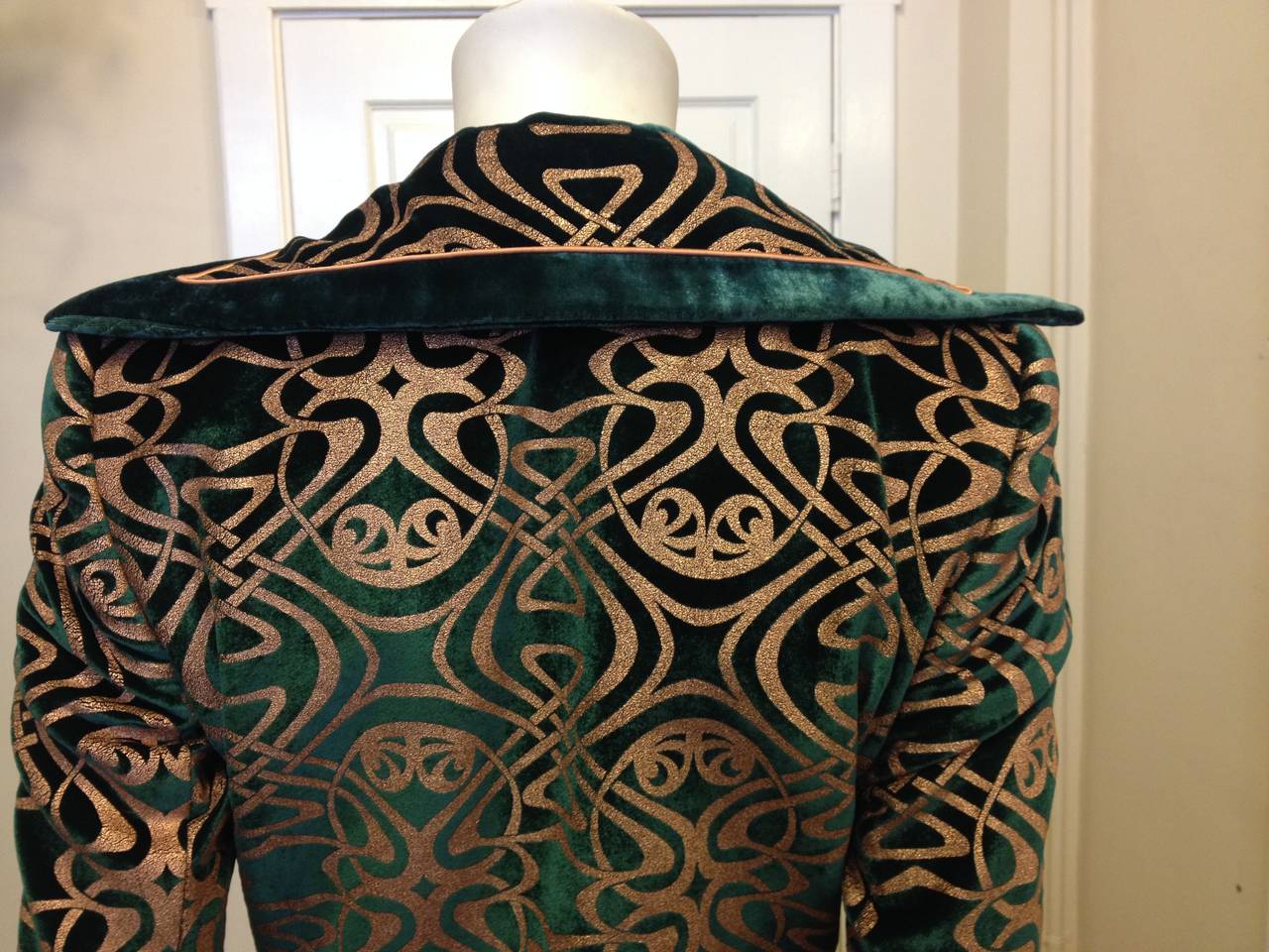 Roberto Cavalli Green Velvet Coat with Gold Design 1