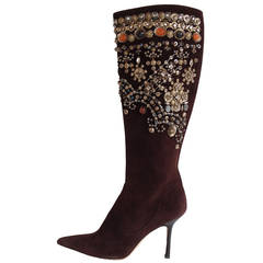 Oscar de la Renta Brown Suede Embellished Boots