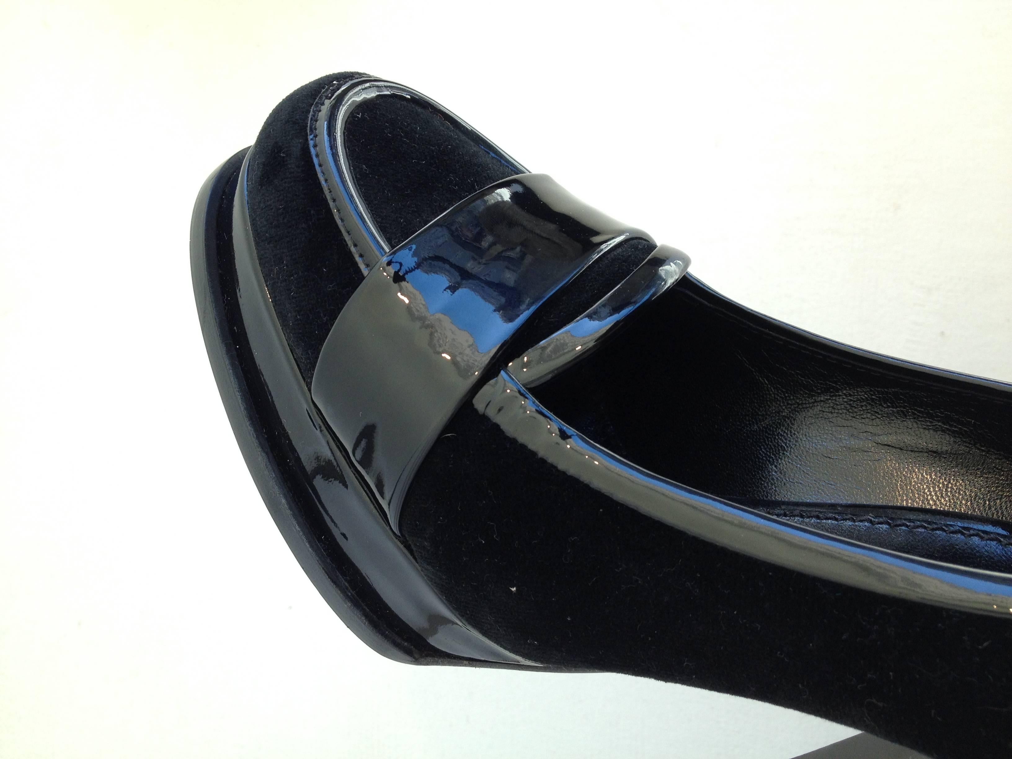 Women's Yves Saint Laurent Black Velvet and Patent High Heel Loafers Size 36.5 (6) For Sale