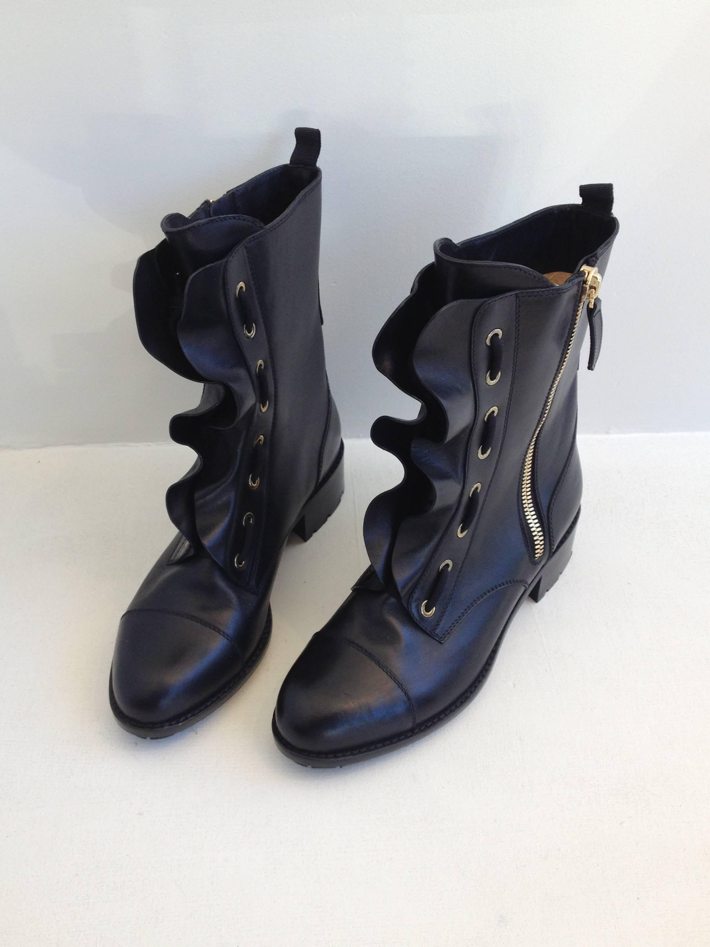 Valentino Black Biker Boot with Ruffle In New Condition In San Francisco, CA