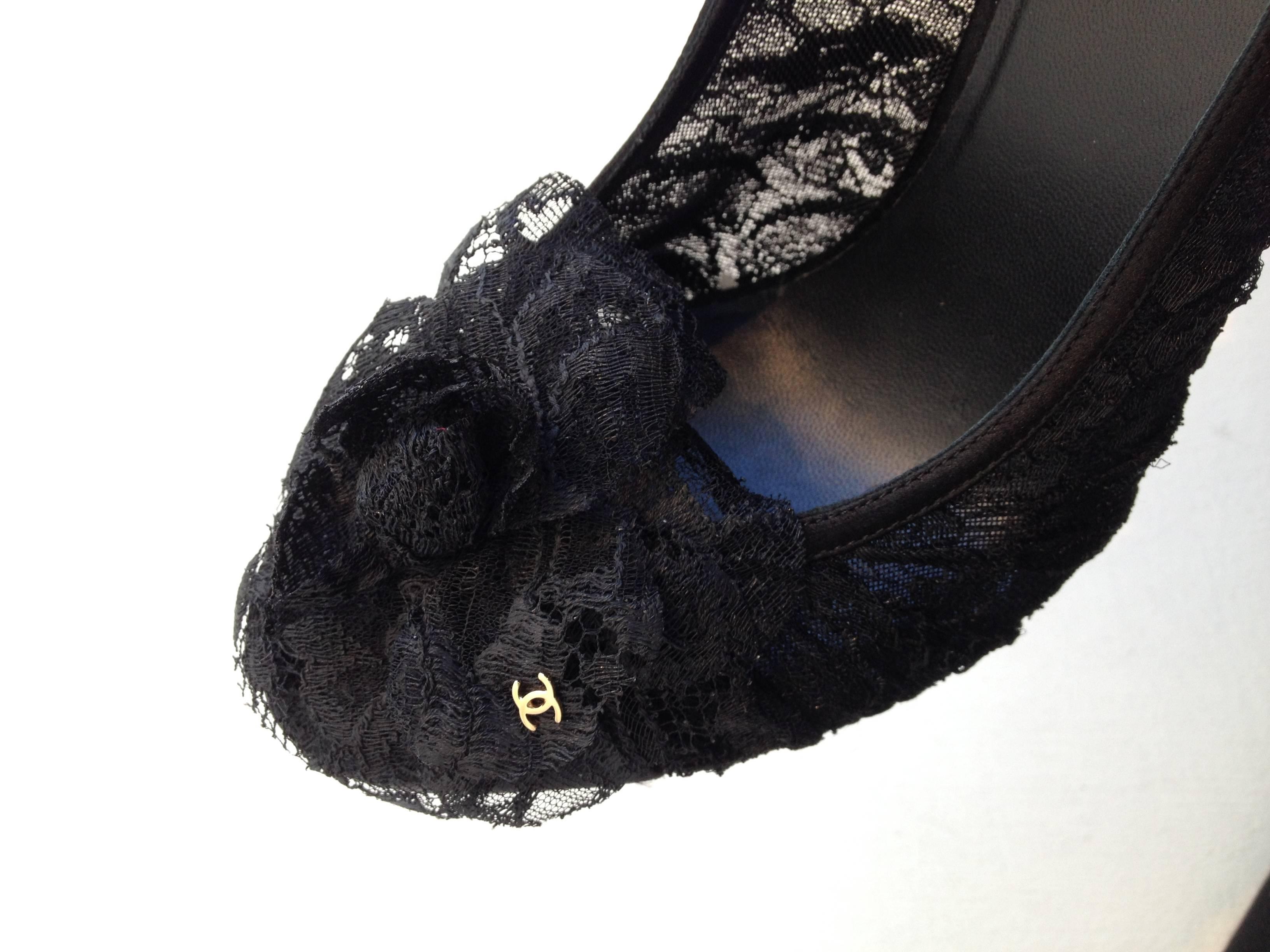 Chanel Black Lace Pumps with Camellia Size 38 (7.5) 1