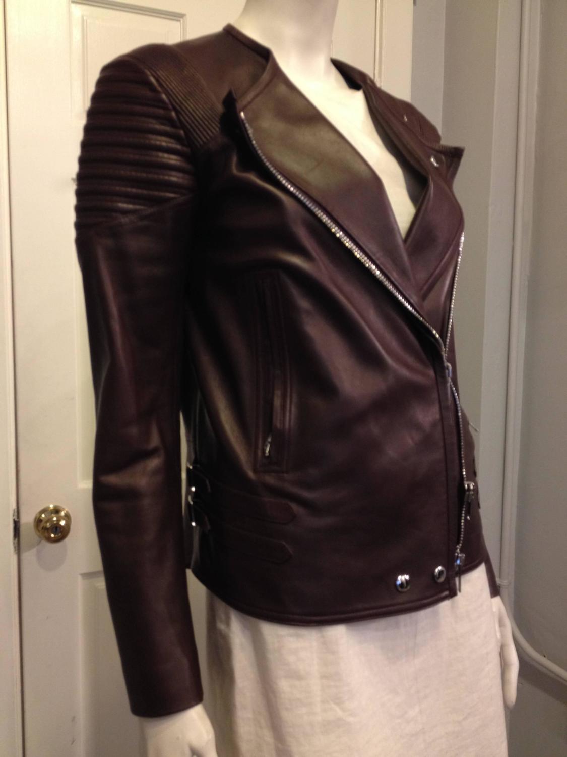 Givenchy Burgundy Ribbed Leather Motorcycle Jacket Size 38 (6) For Sale ...