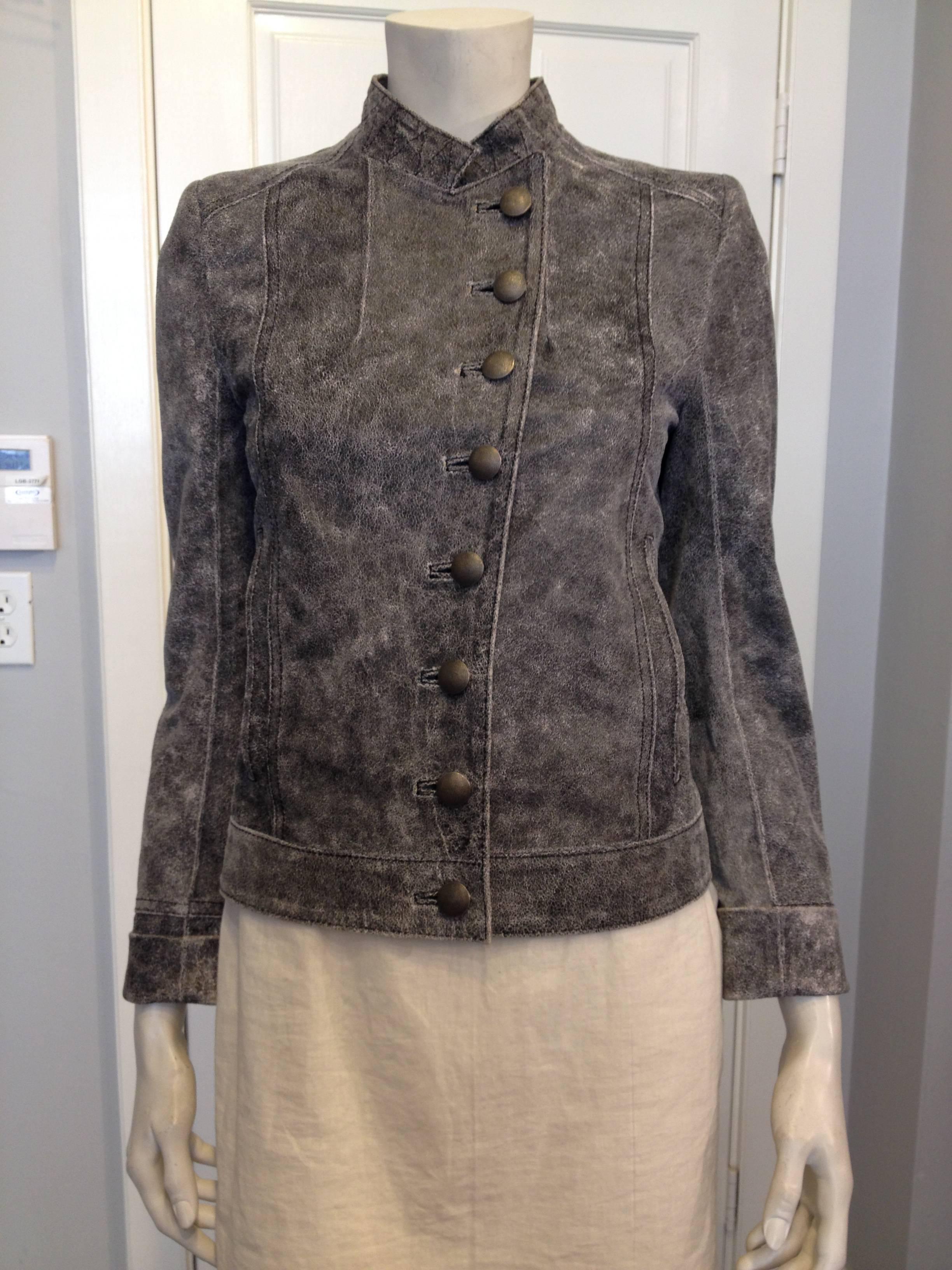 Ann Demeulemeester Grey Distressed Leather Jacket In Excellent Condition In San Francisco, CA