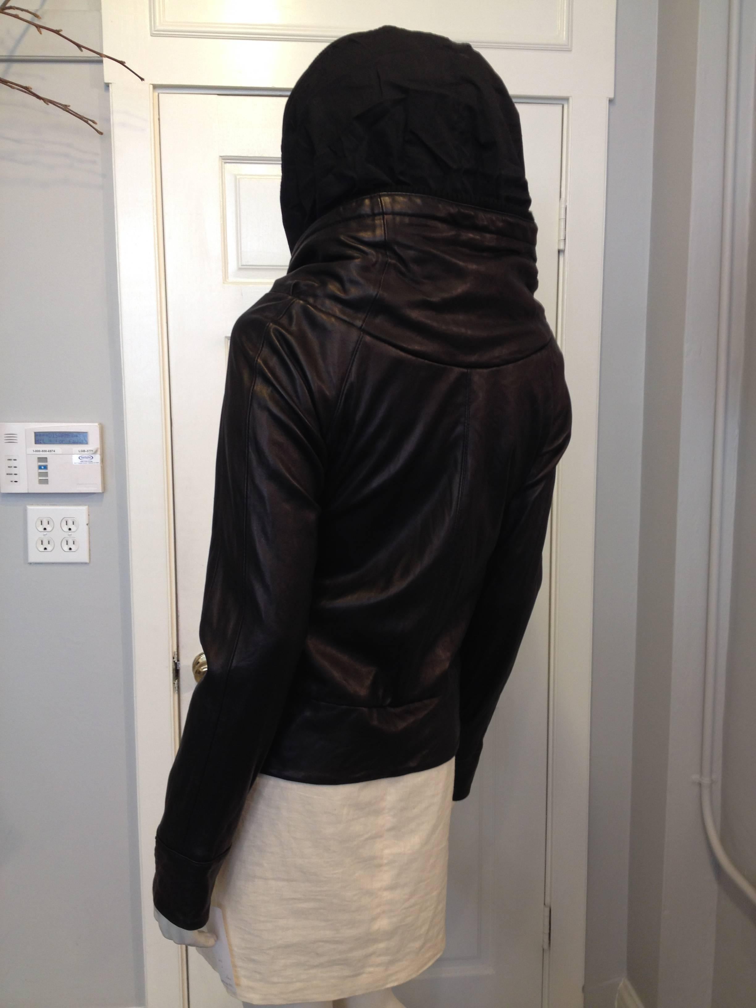 LGB Black Leather Hooded Bomber Jacket In New Condition In San Francisco, CA
