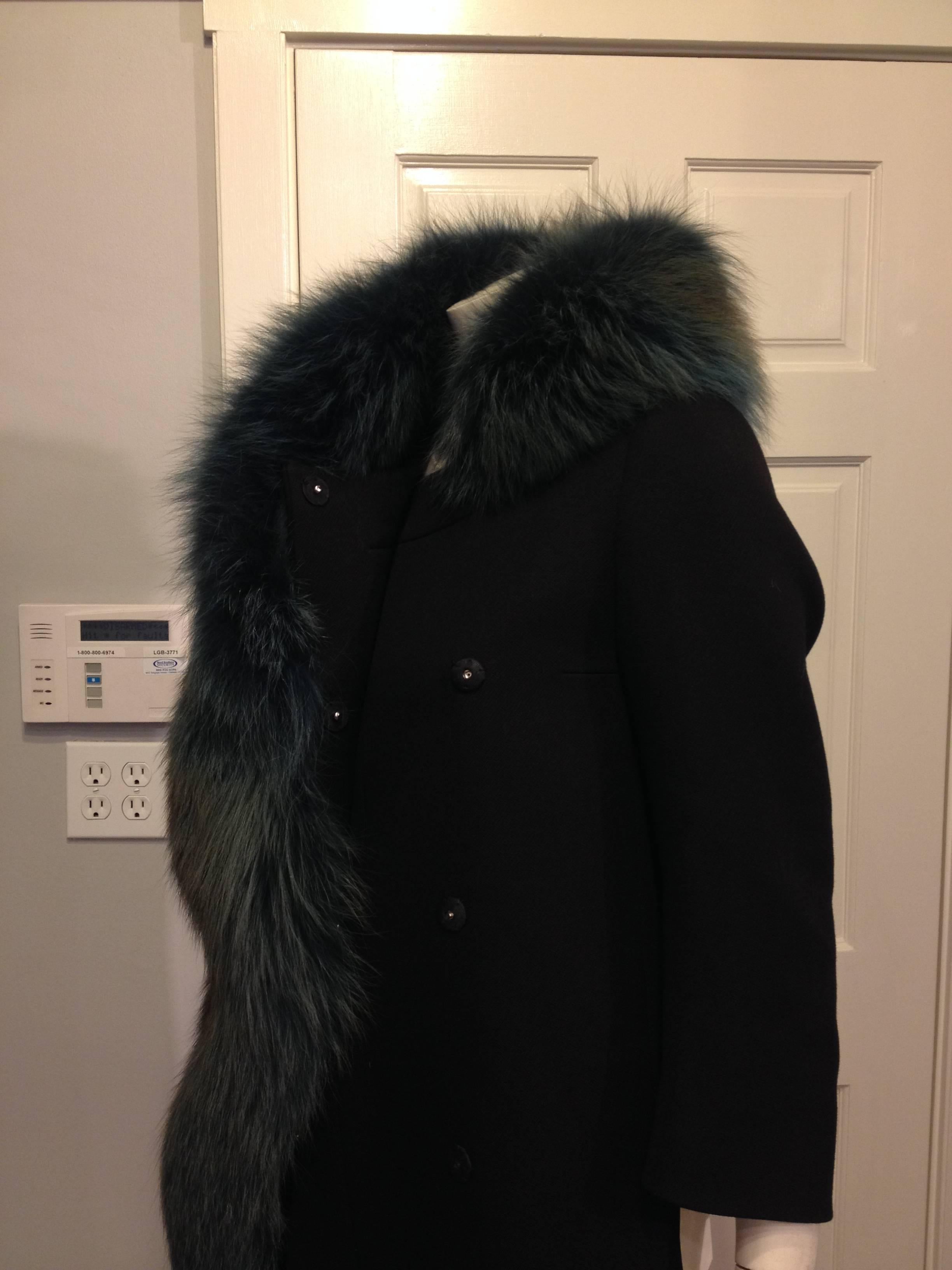 Prada Black Wool Coat with Green Fox Fur Collar 1