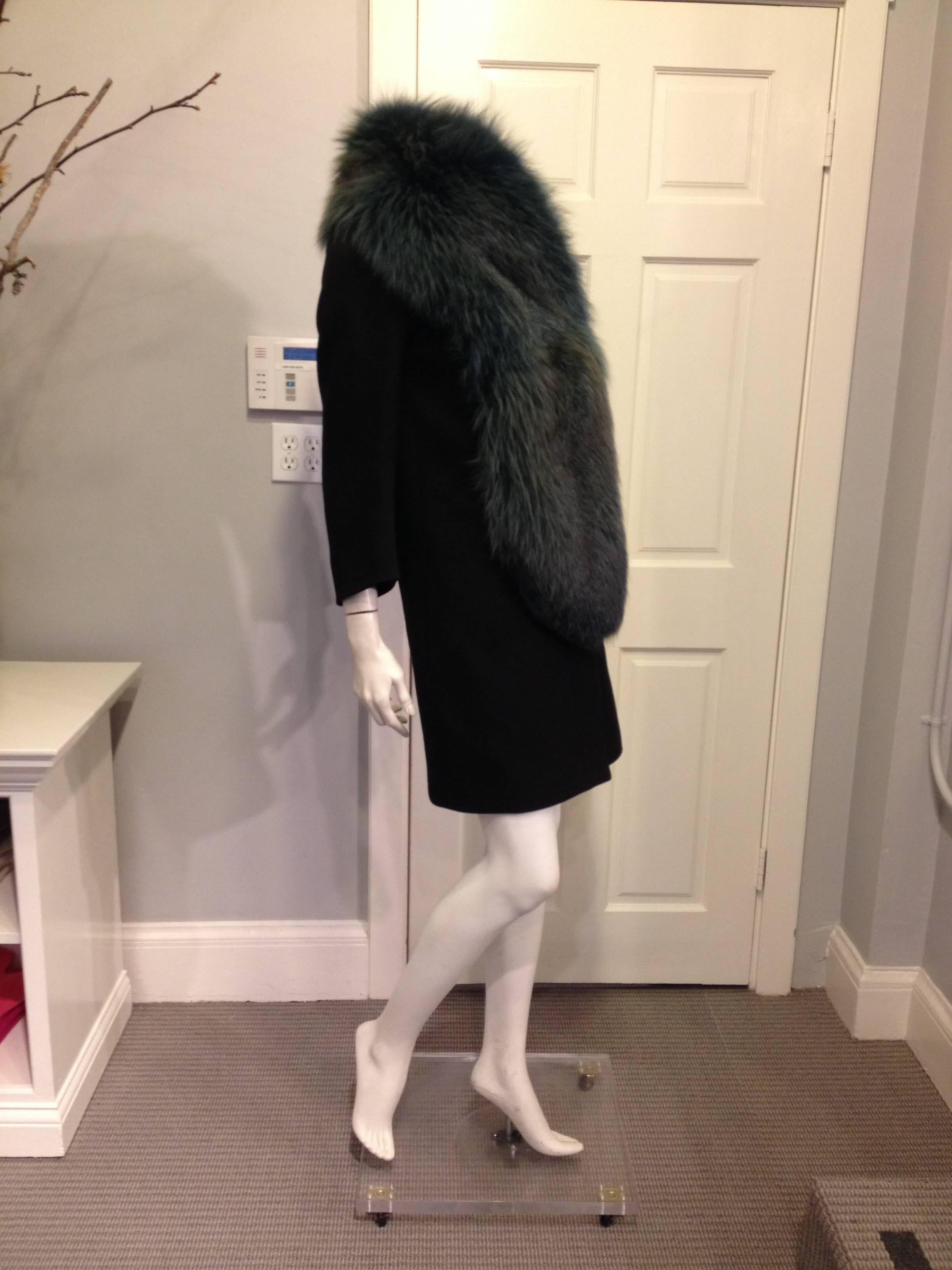 Prada Black Wool Coat with Green Fox Fur Collar In Excellent Condition In San Francisco, CA