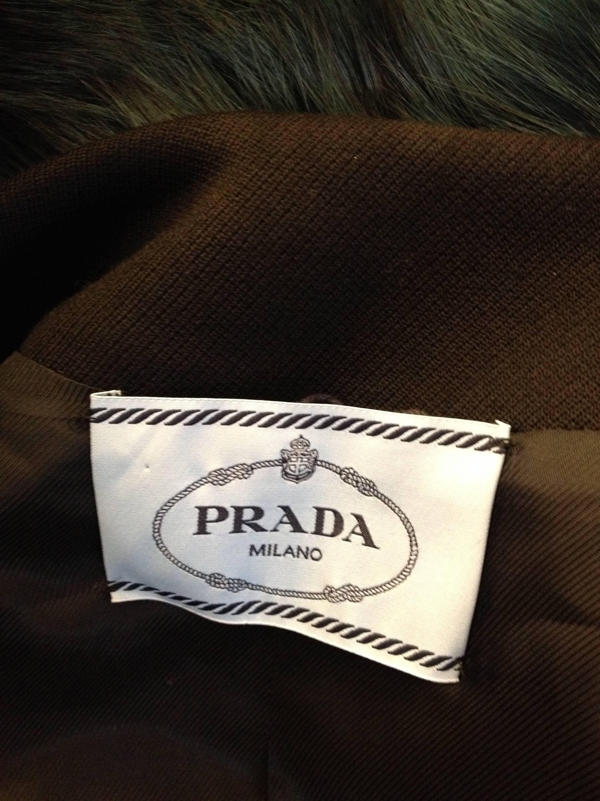 Prada Black Wool Coat with Green Fox Fur Collar 4