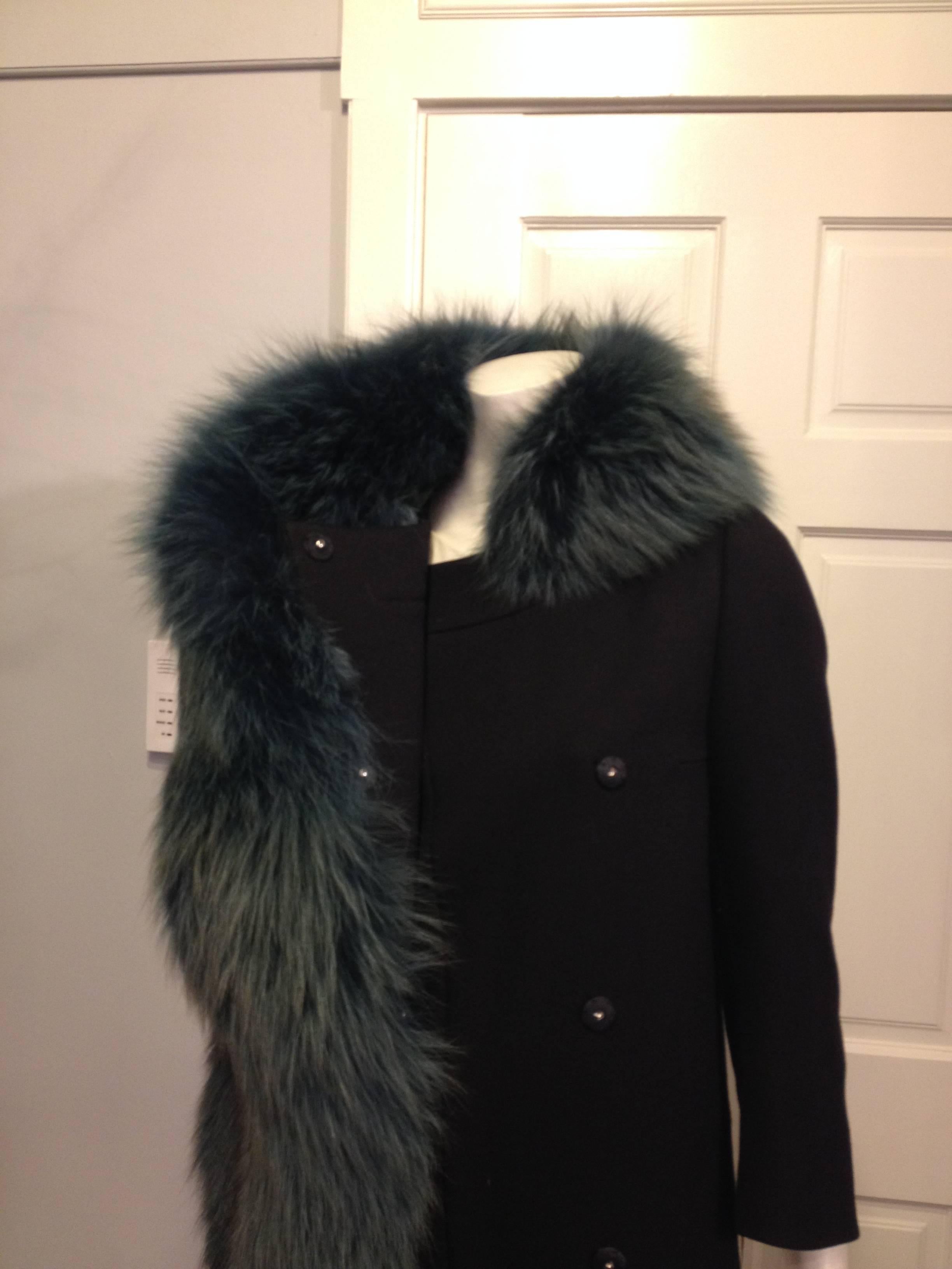Prada Black Wool Coat with Green Fox Fur Collar 2