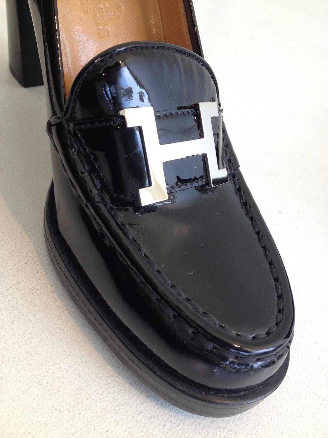 Hermes Black Patent Heeled Loafers at 1stdibs