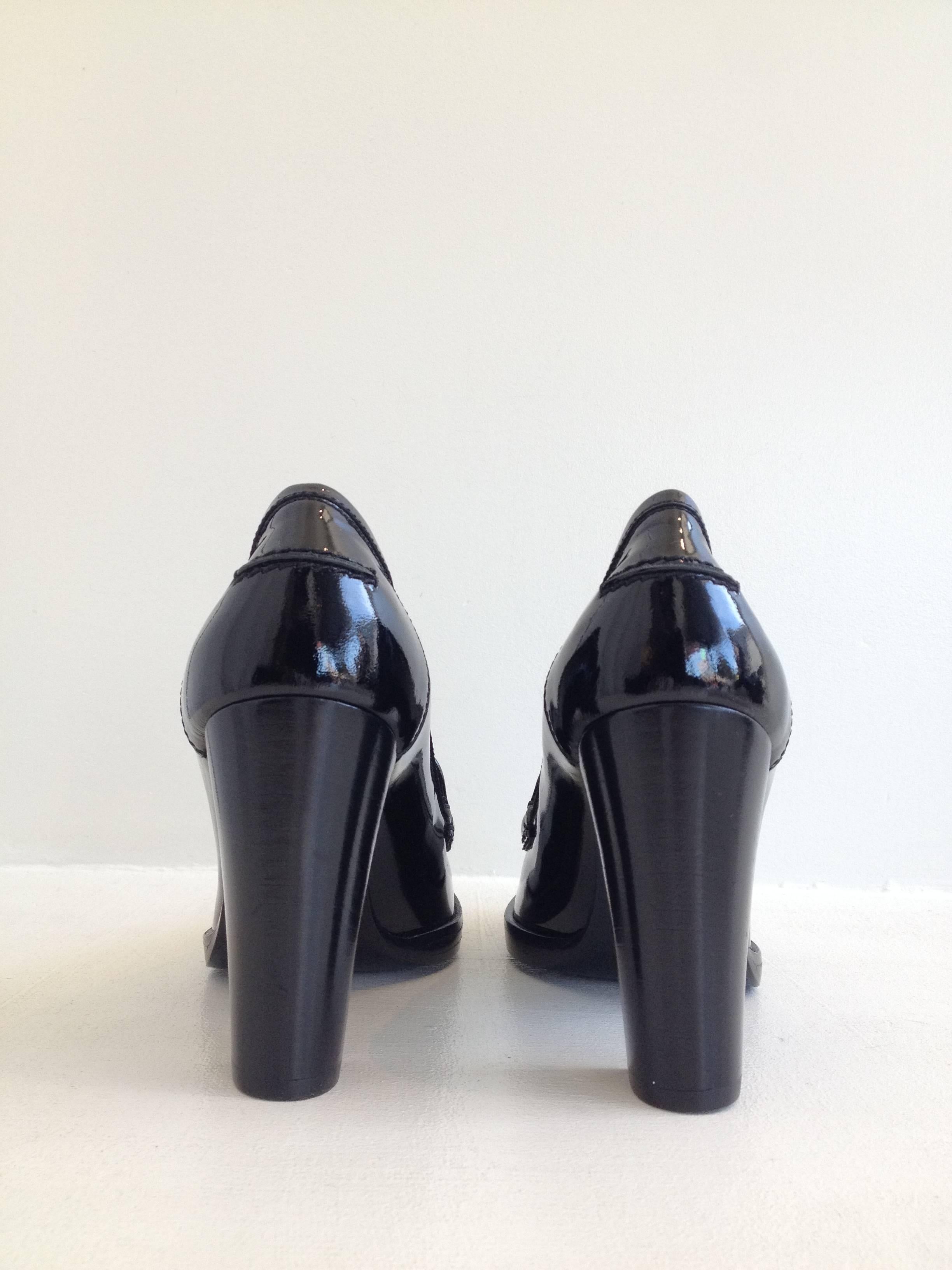Women's Hermes Black Patent Heeled Loafers