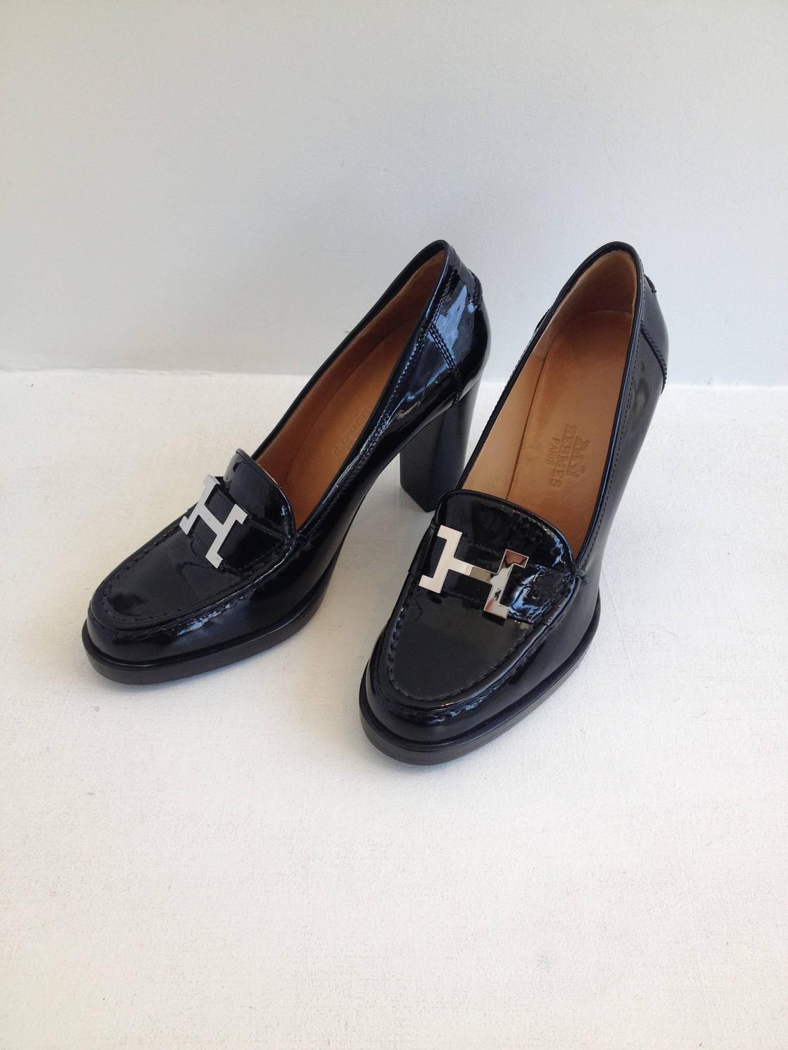 Hermes Black Patent Heeled Loafers at 1stdibs