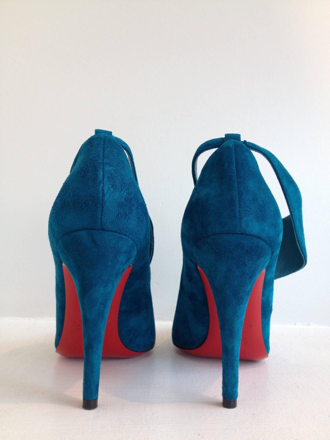 Christian Louboutin Peacock Blue Suede Heels at 1stdibs