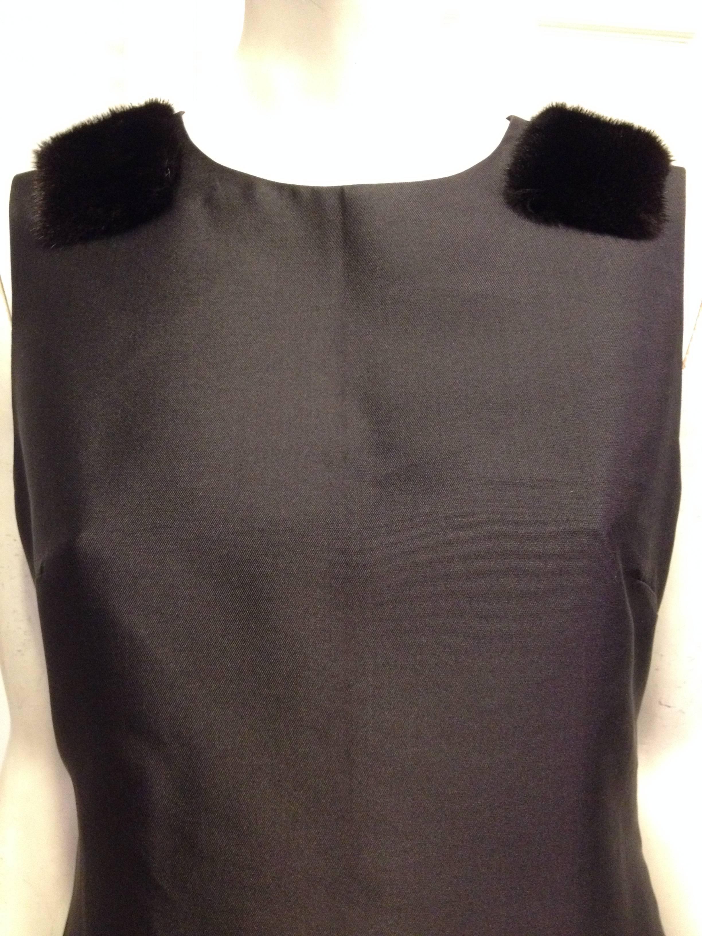 Women's J. Mendel Black Silk Dress with Fur Epaulettes Size 10