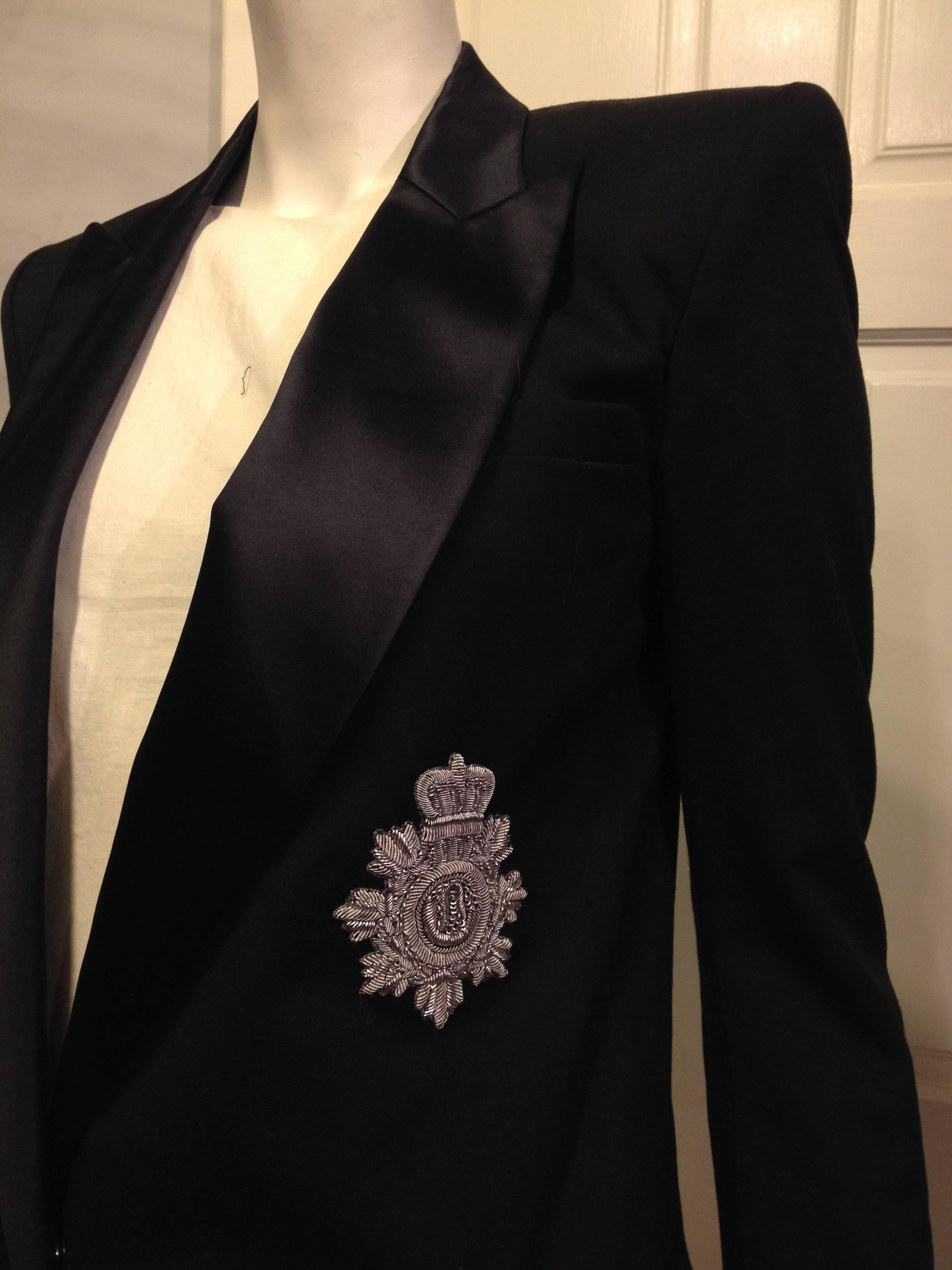 Women's Balmain Black Tuxedo Jacket with Silver Crest Size 36 (4)