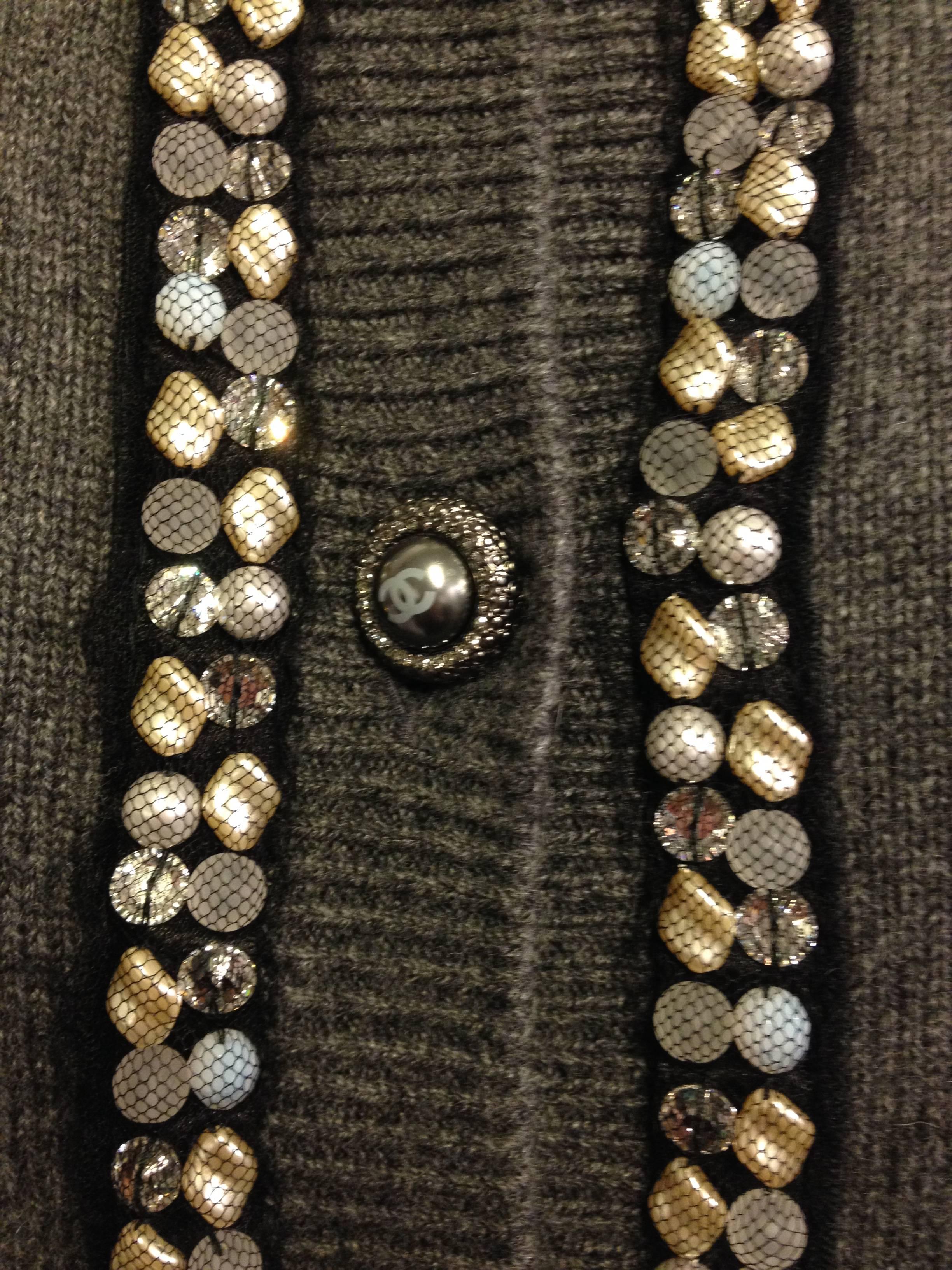 Black Chanel Grey Cardigan with Glass Beads For Sale