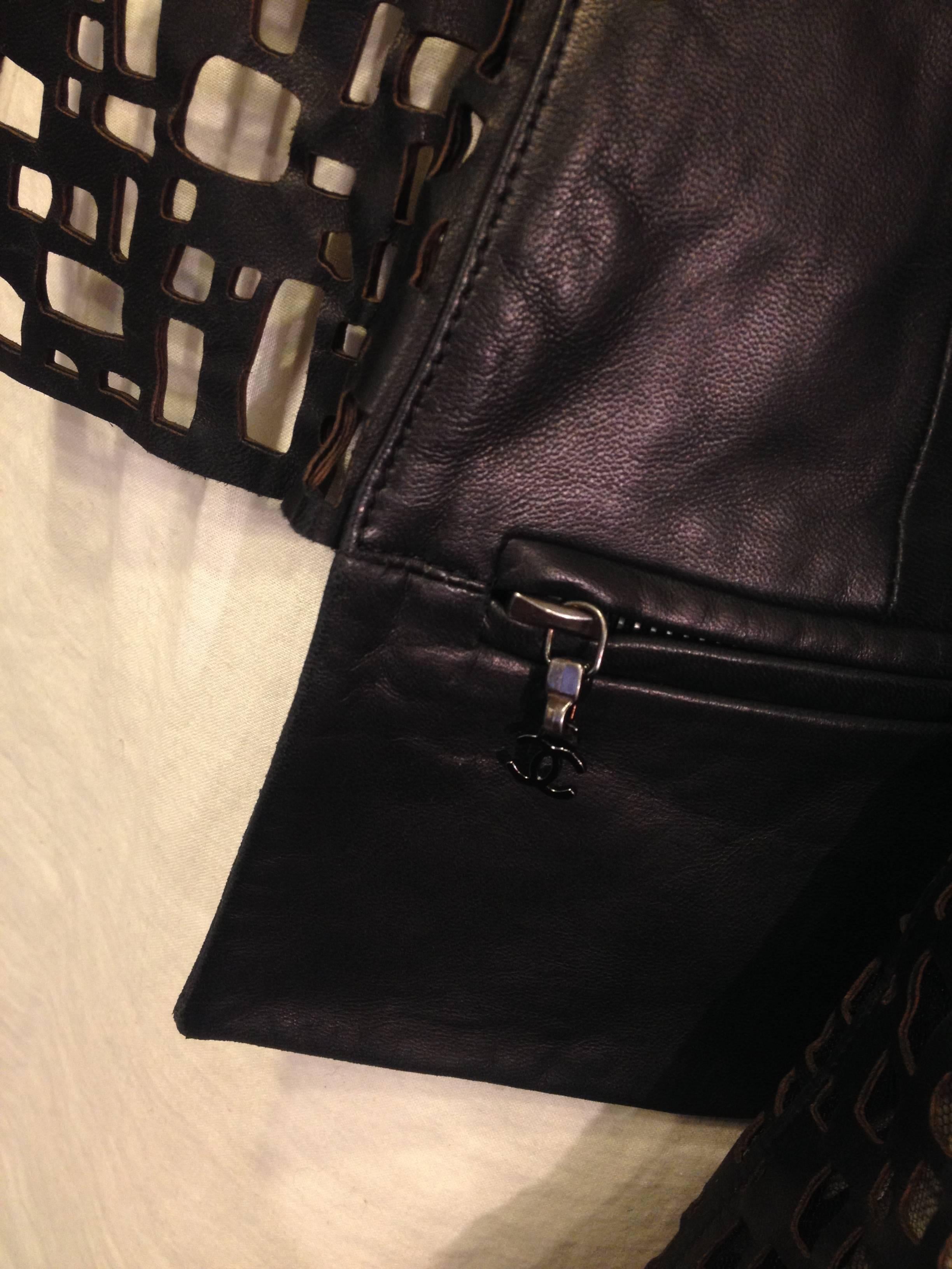 Women's Chanel Black Leather Cutout Jacket For Sale