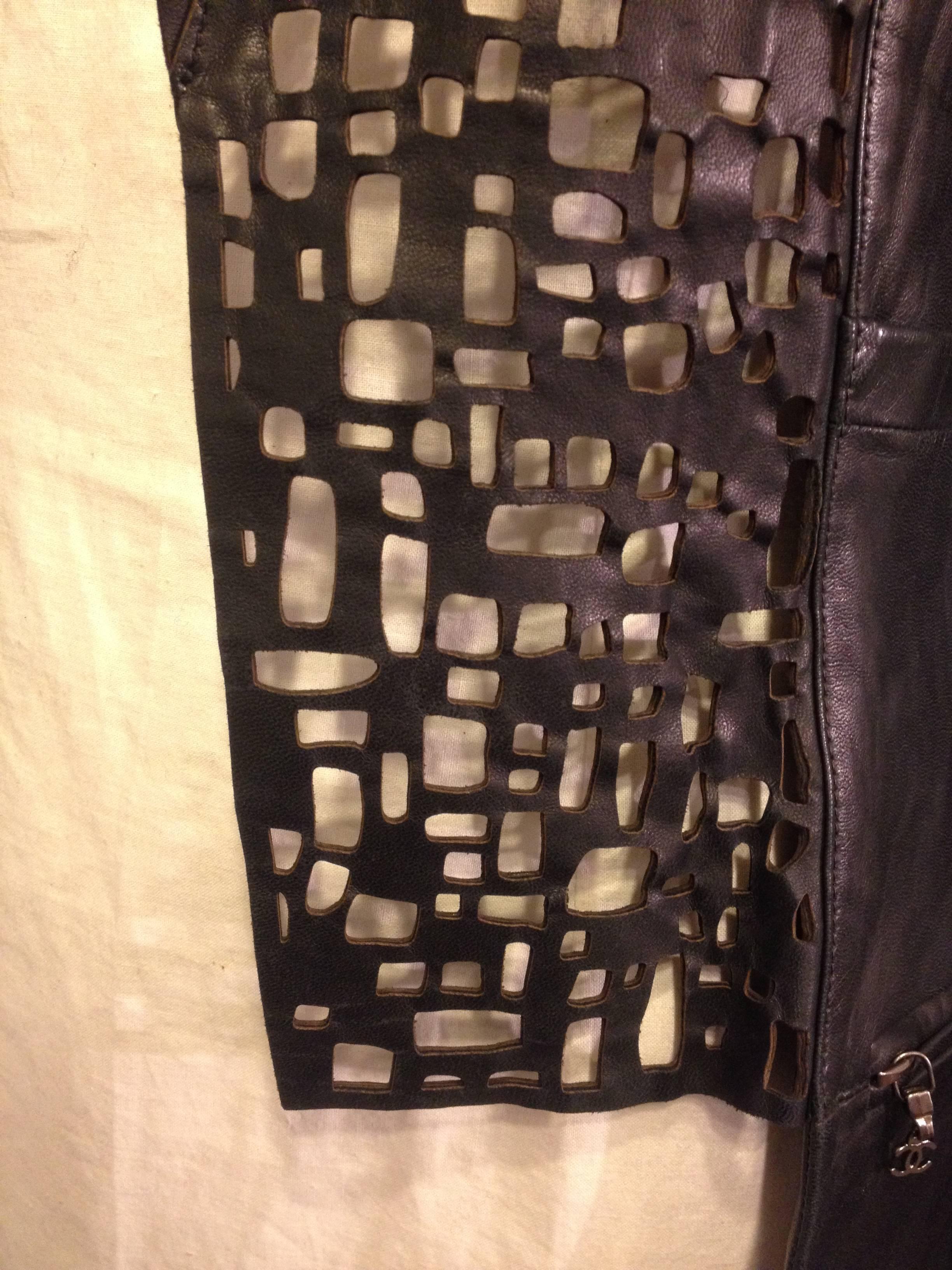 Chanel Black Leather Cutout Jacket For Sale 3