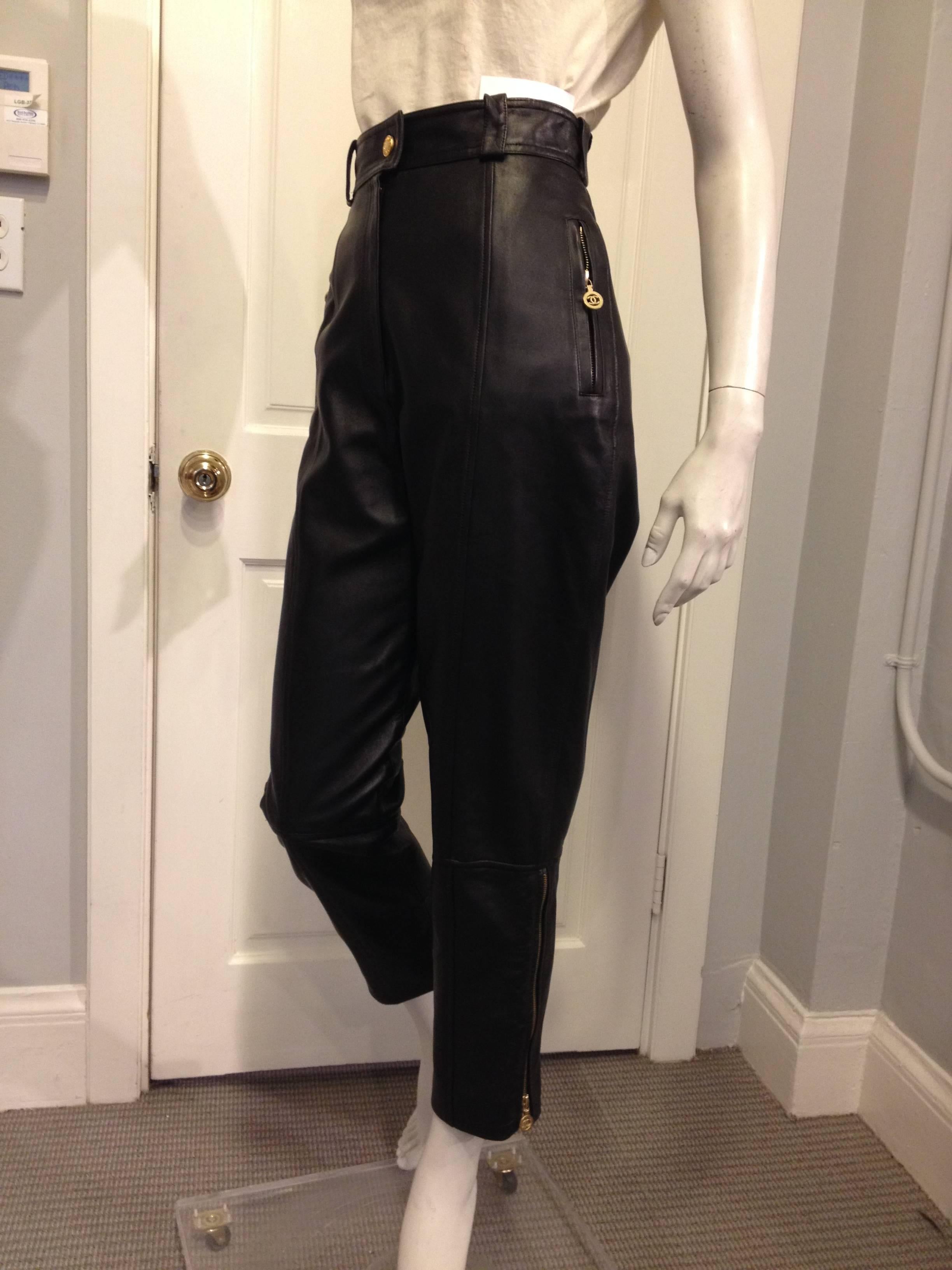 These amazingly soft Chanel leather pants have the perfect retro feel. They are  styled with a high waist, loose leg, and tapered ankle and they're ideal for wearing with anything from a t-shirt and leather motorcycle jacket to your favorite